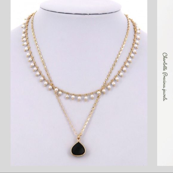 𝅺LAYERED Glass Beads W/Stone Drop Necklace - Picture 1 of 2